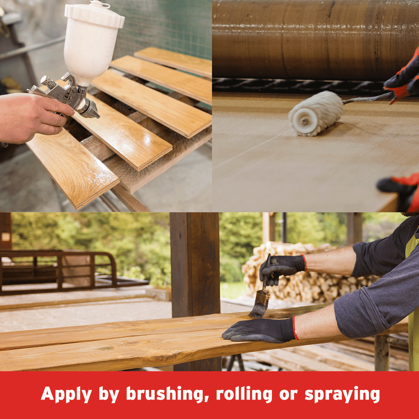 Spraying, rolling and brushing varnish on wood surfaces